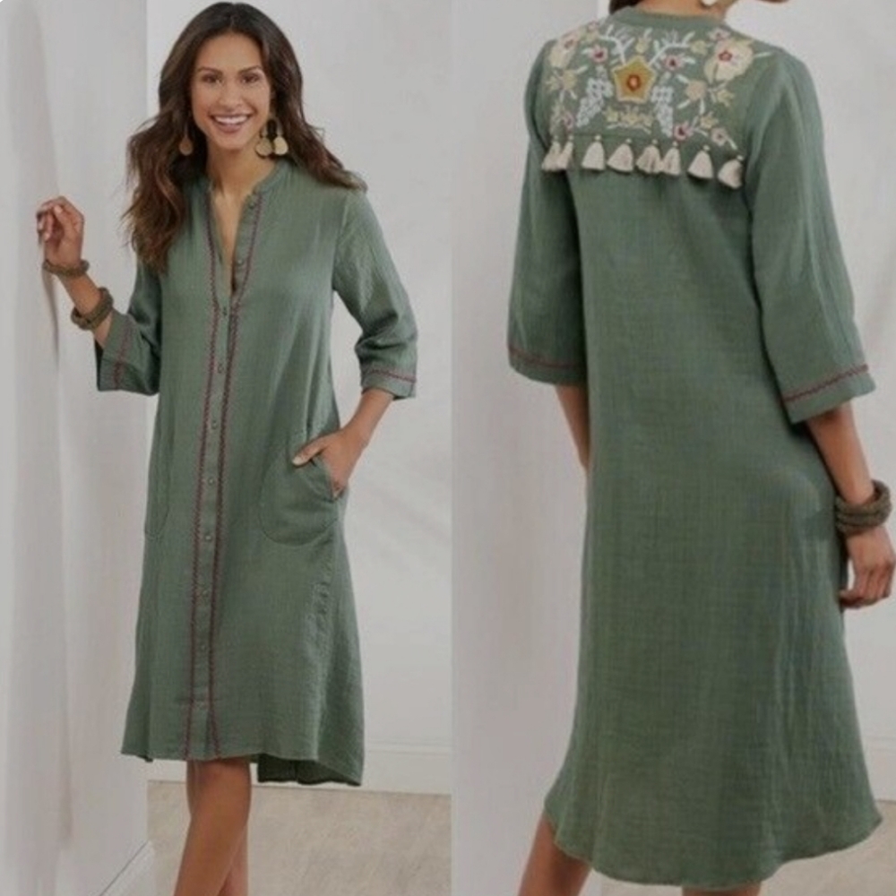Soft Surroundings Cristoforo Shirtdress Kaftan Midi Iceberg Green Size M